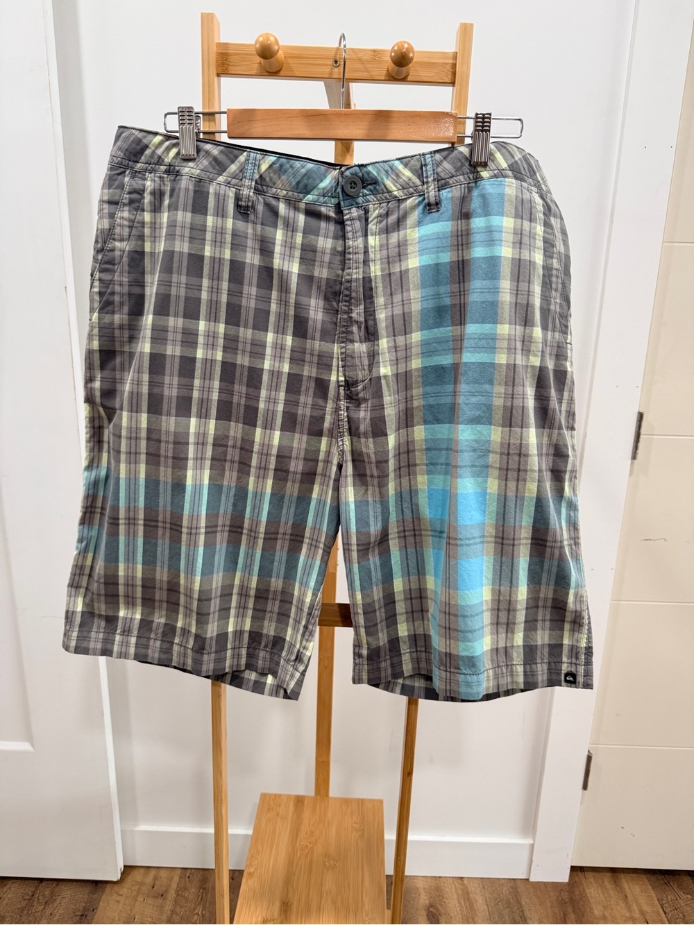 Quiksilver Plaid Cotton Blend Shorts in Gray and Blue